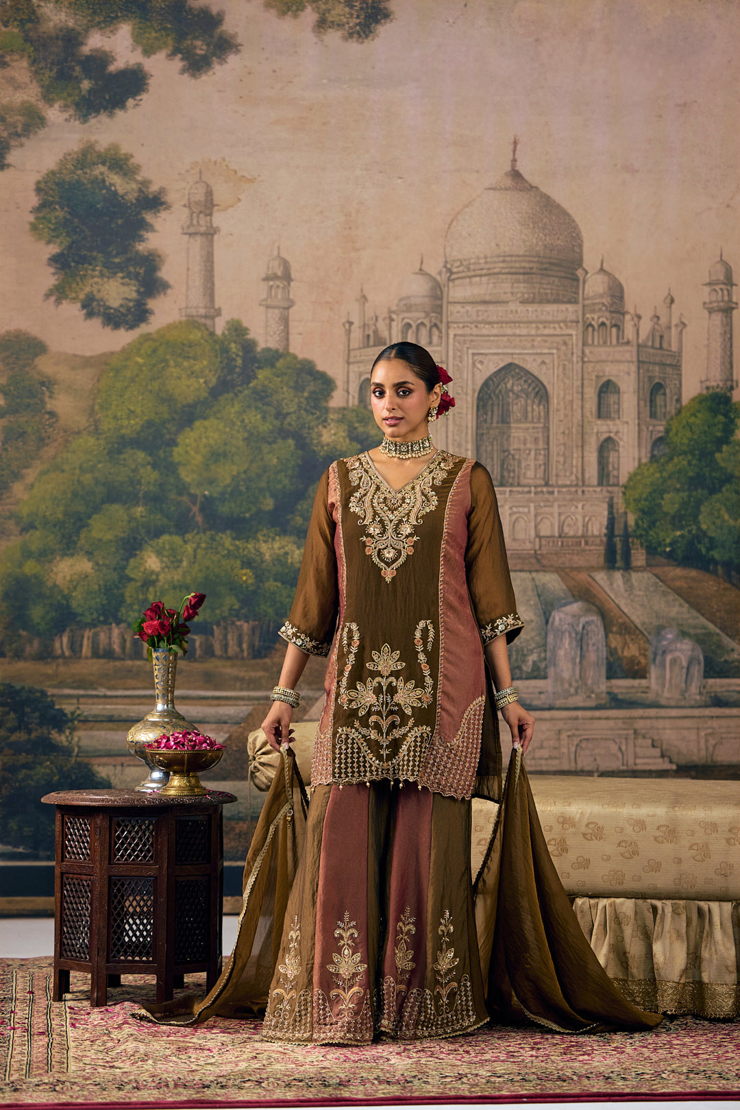 Brown Tissue Zari And Thread Embroidered Three Piece Set