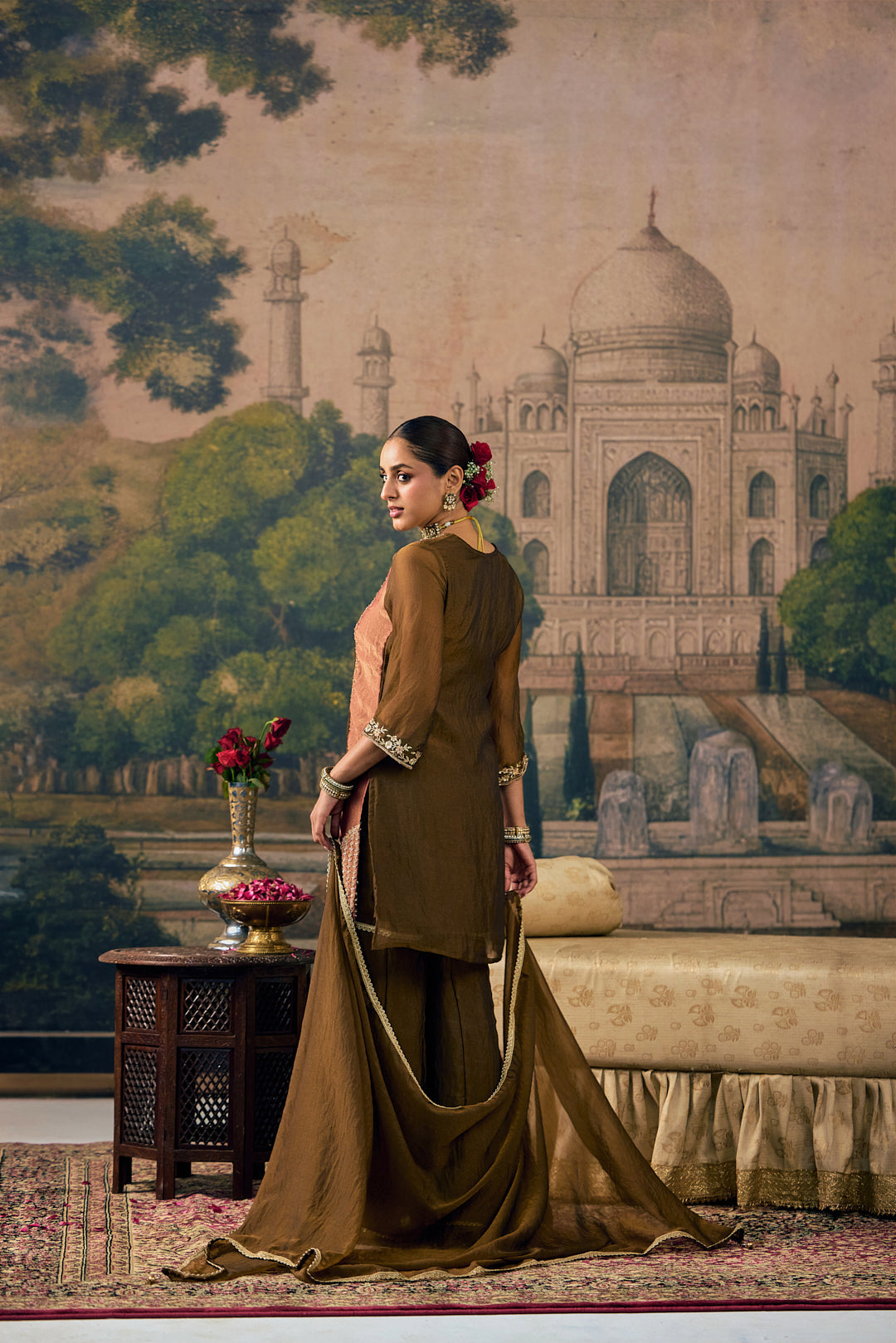 Brown Tissue Zari And Thread Embroidered Three Piece Set