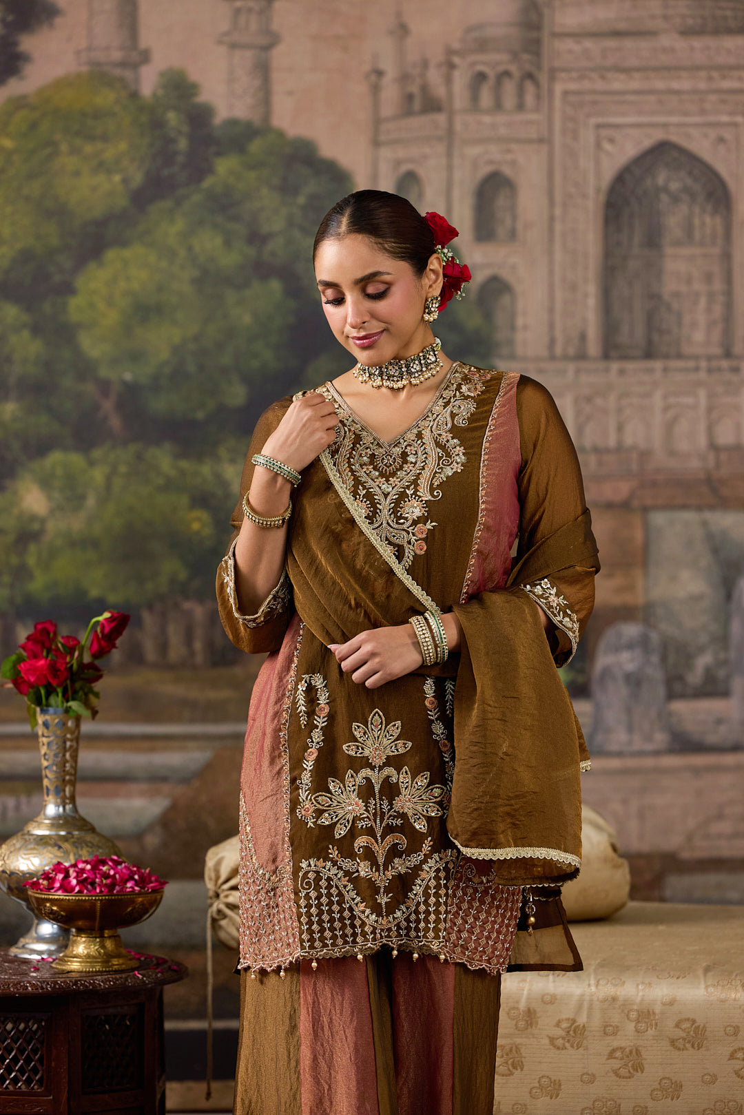 Brown Tissue Zari And Thread Embroidered Three Piece Set