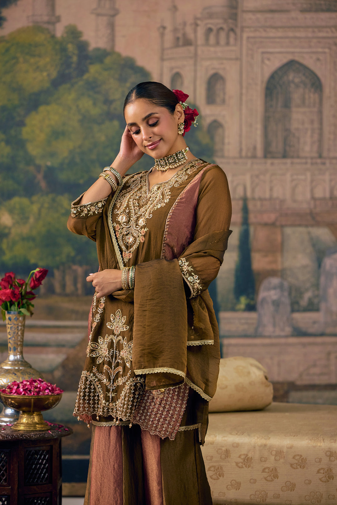 Brown Tissue Zari And Thread Embroidered Three Piece Set