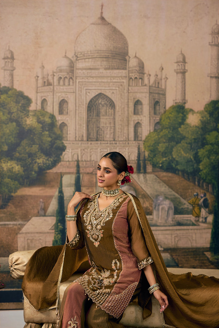 Brown Tissue Zari And Thread Embroidered Three Piece Set