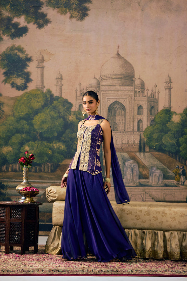 Purple Crepe Zari Embroidered Three Piece Set