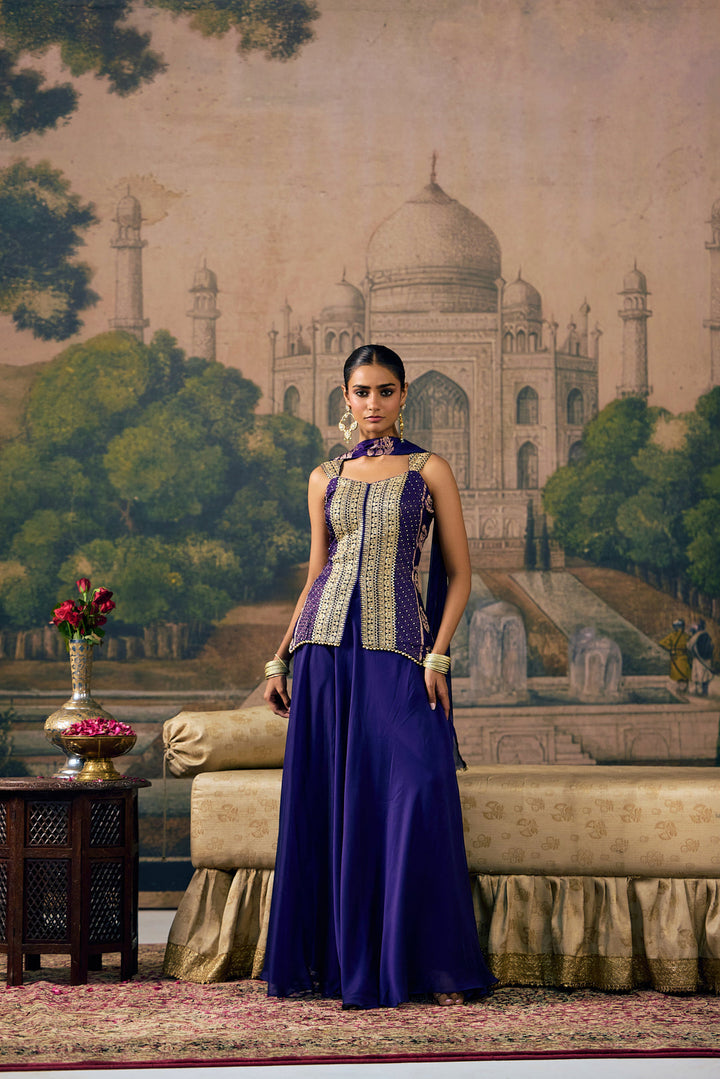 Purple Crepe Zari Embroidered Three Piece Set