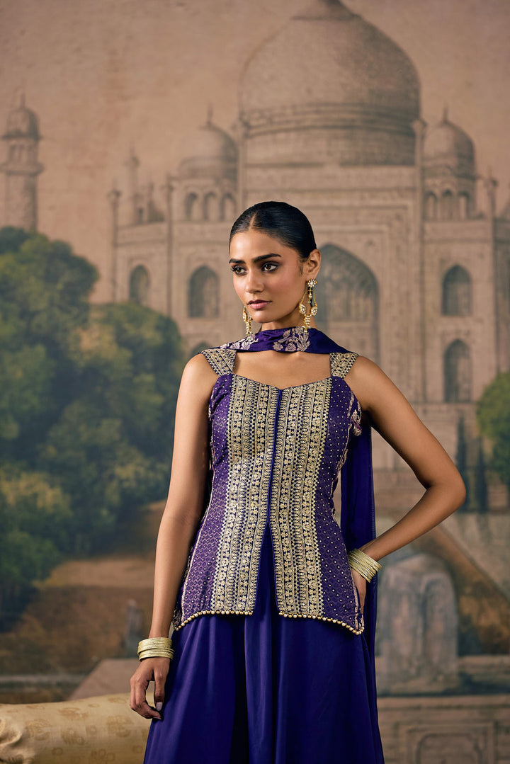 Purple Crepe Zari Embroidered Three Piece Set
