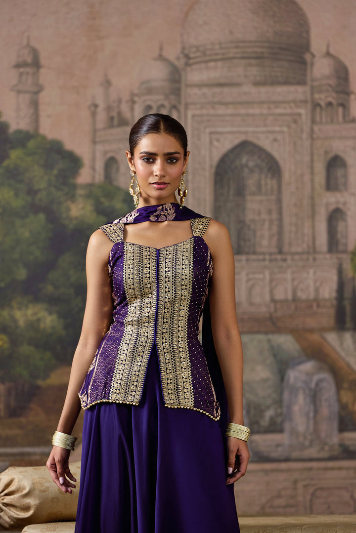 Purple Crepe Zari Embroidered Three Piece Set
