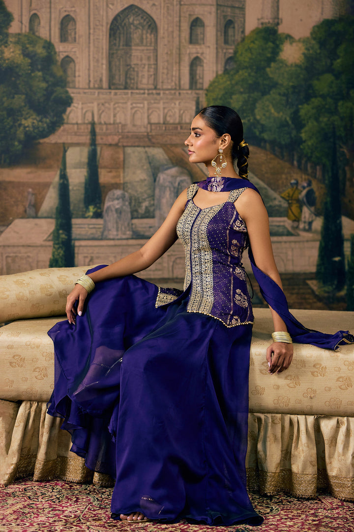 Purple Crepe Zari Embroidered Three Piece Set