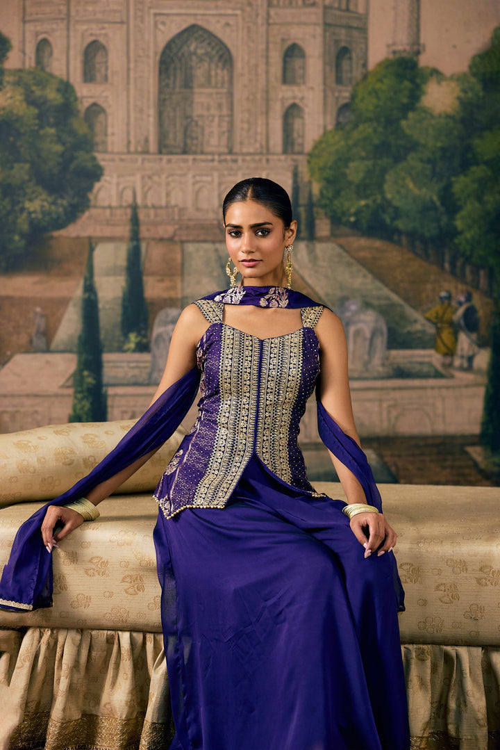 Purple Crepe Zari Embroidered Three Piece Set