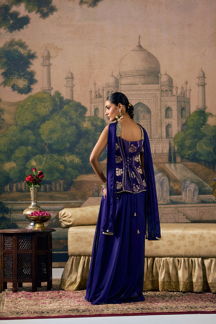 Purple Crepe Zari Embroidered Three Piece Set