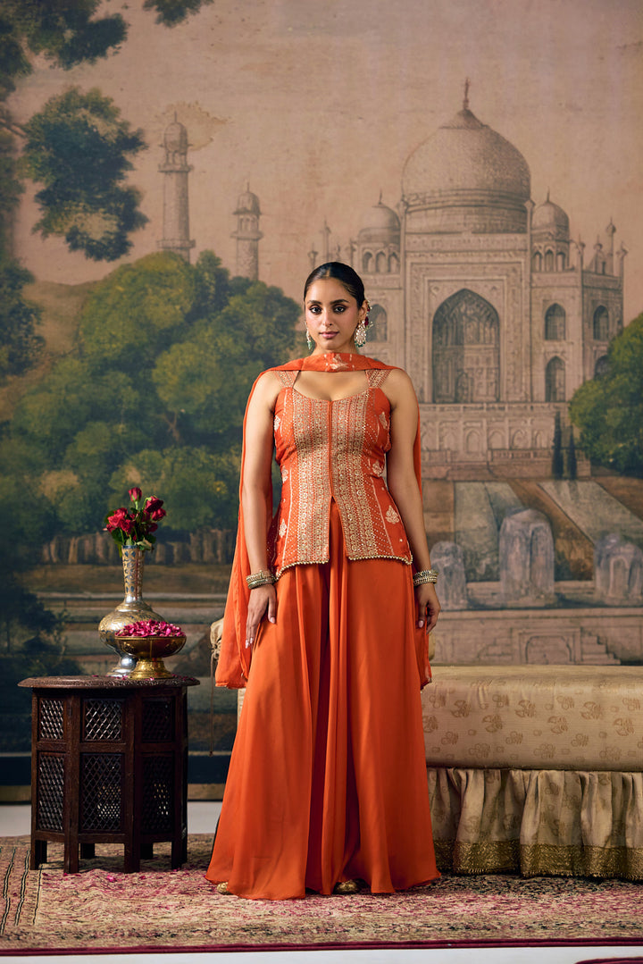 Orange Crepe Zari Embroidered Three Piece Set