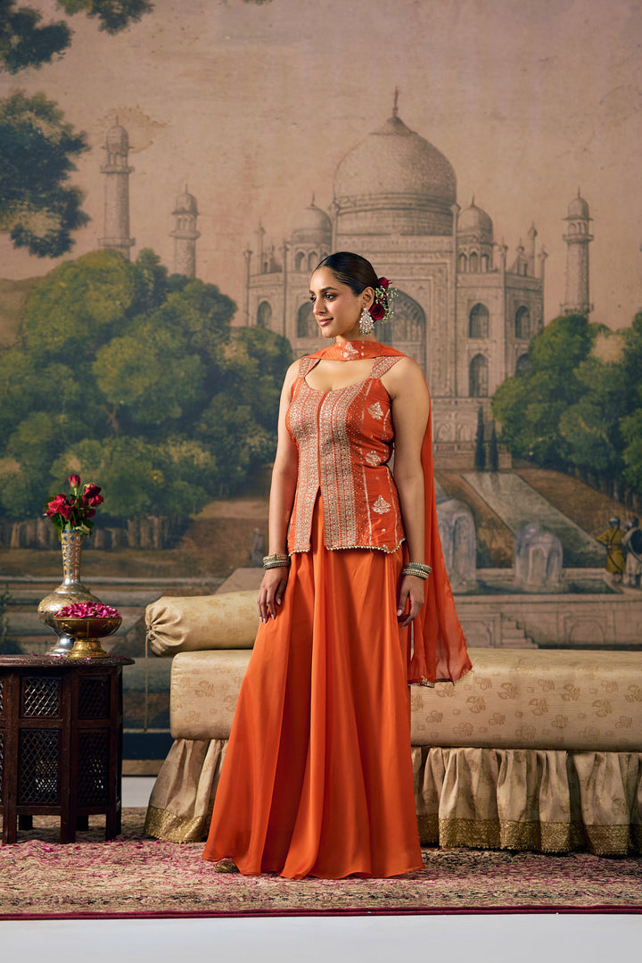 Orange Crepe Zari Embroidered Three Piece Set
