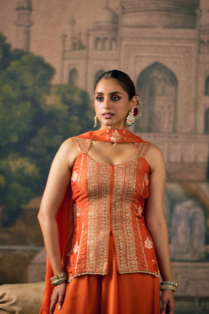 Orange Crepe Zari Embroidered Three Piece Set