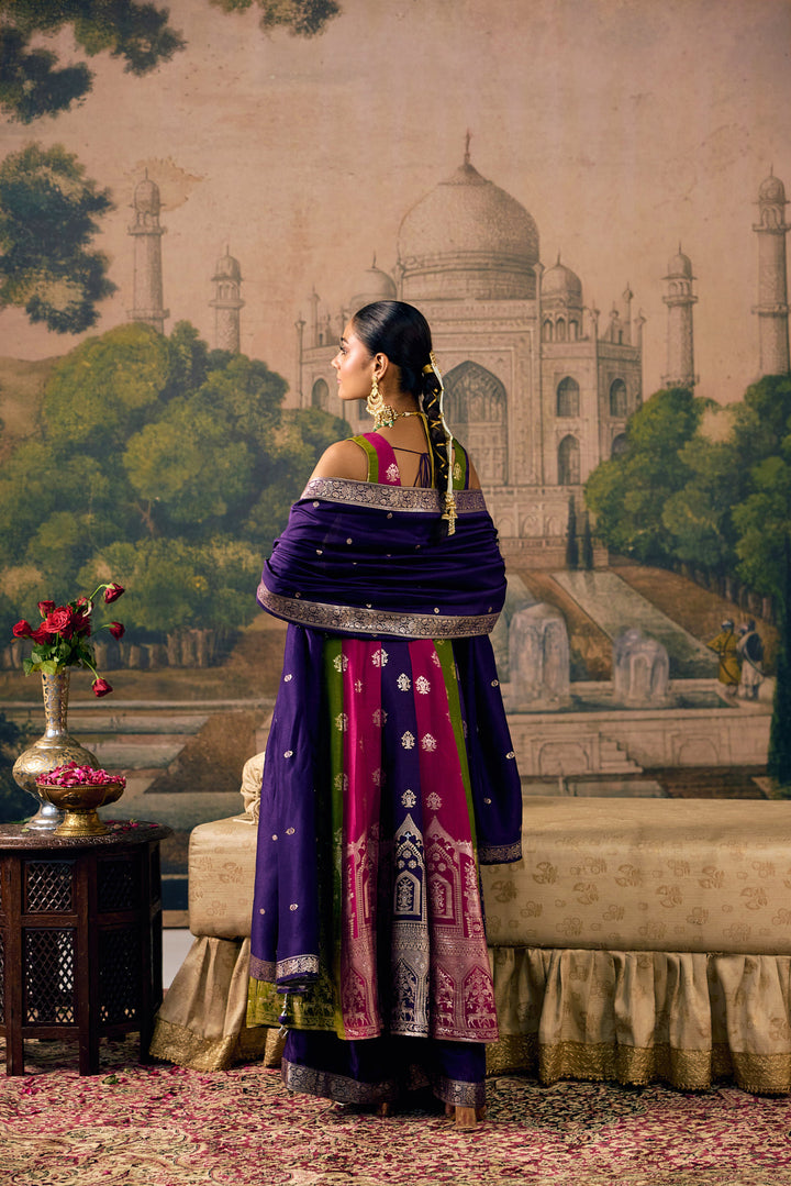 Purple Silk Arch Printed Three Piece Set
