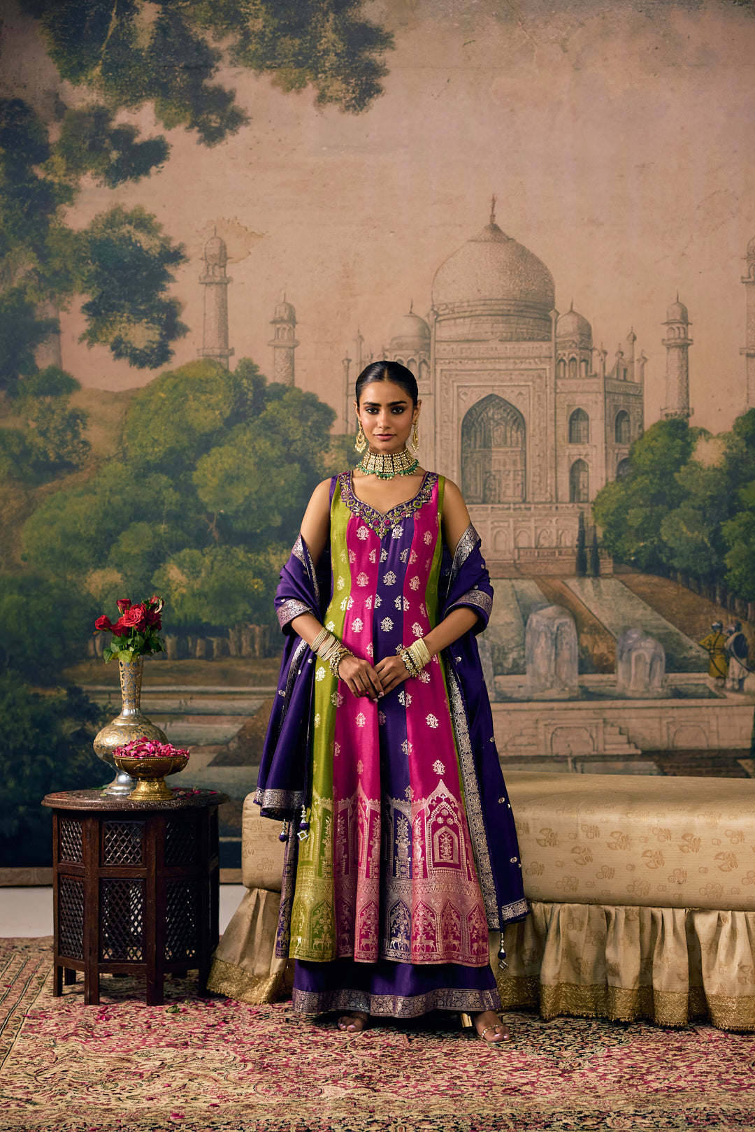 Purple Silk Arch Printed Three Piece Set