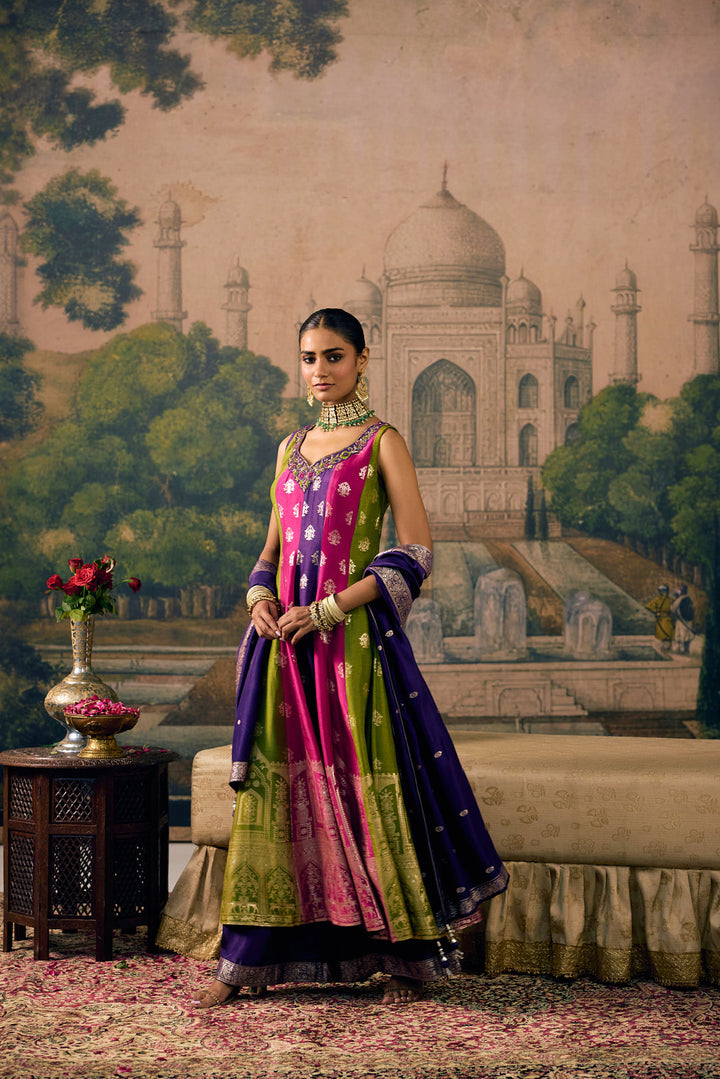 Purple Silk Arch Printed Three Piece Set