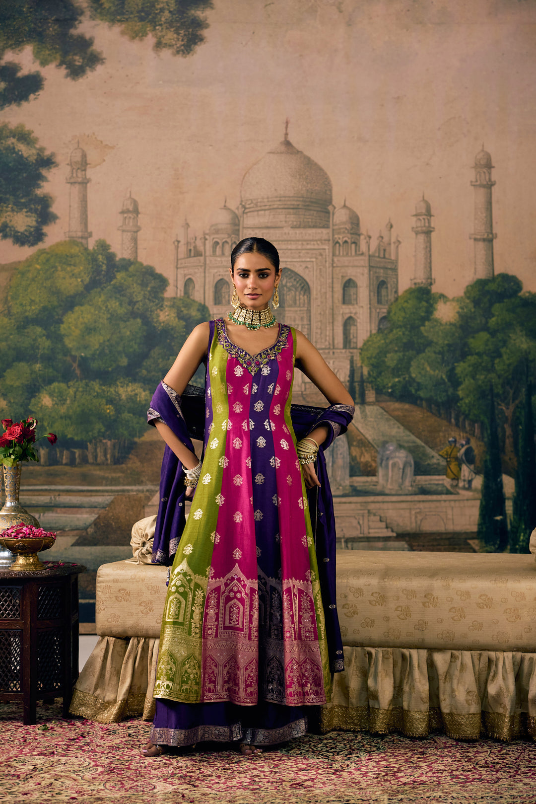 Purple Silk Arch Printed Three Piece Set