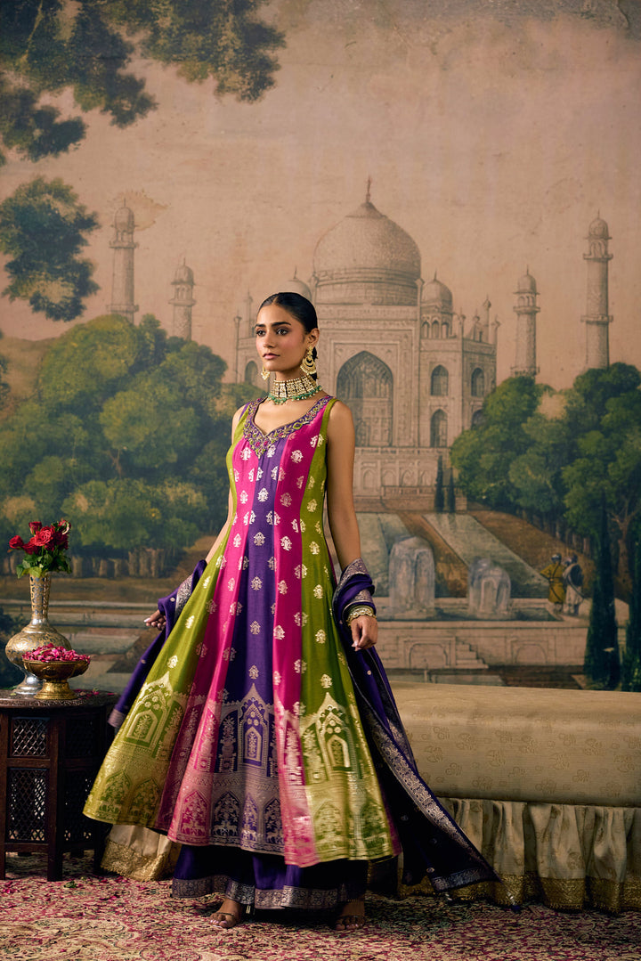 Purple Silk Arch Printed Three Piece Set