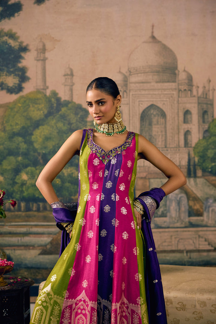 Purple Silk Arch Printed Three Piece Set