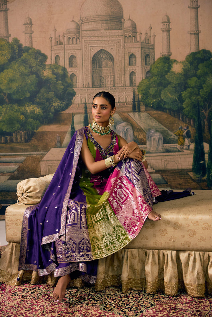 Purple Silk Arch Printed Three Piece Set