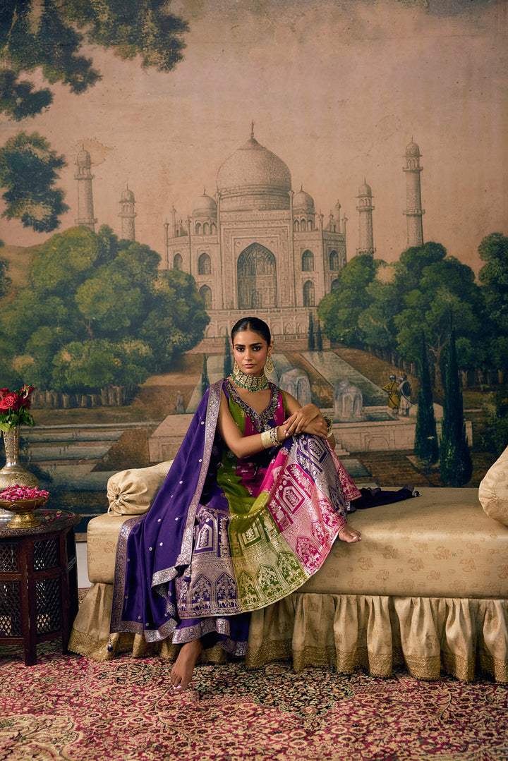 Purple Silk Arch Printed Three Piece Set