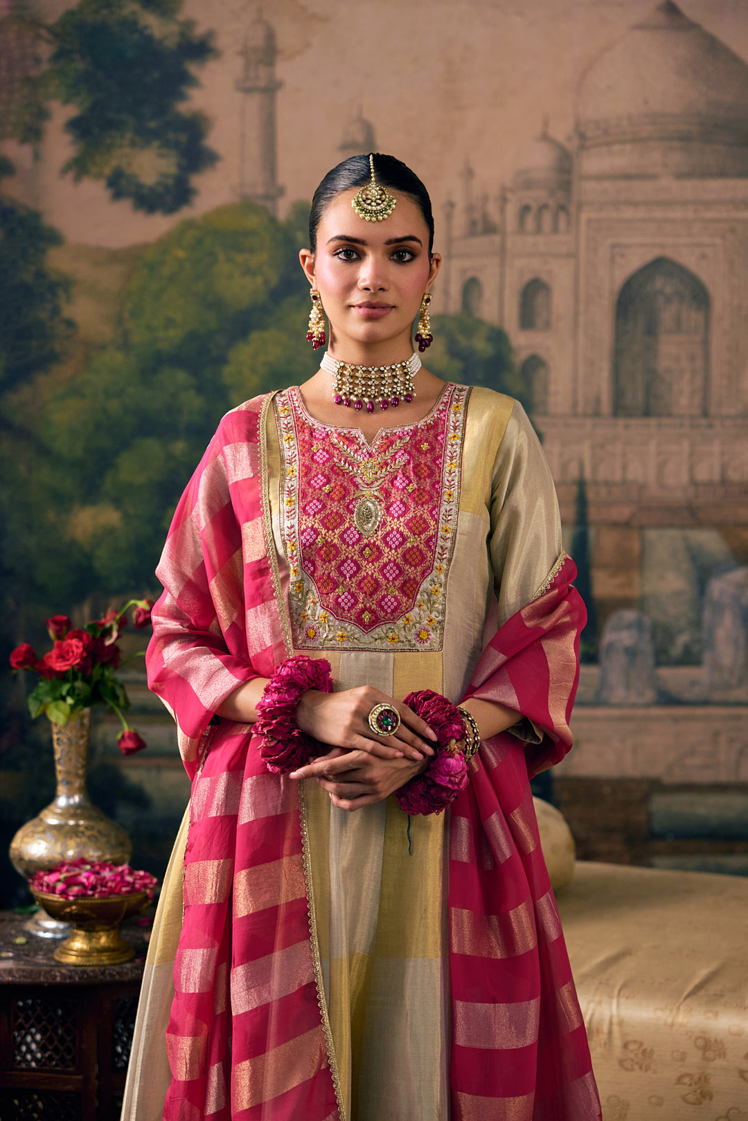Rani Pink Tissue Solid With Patola Printed Three Piece Set
