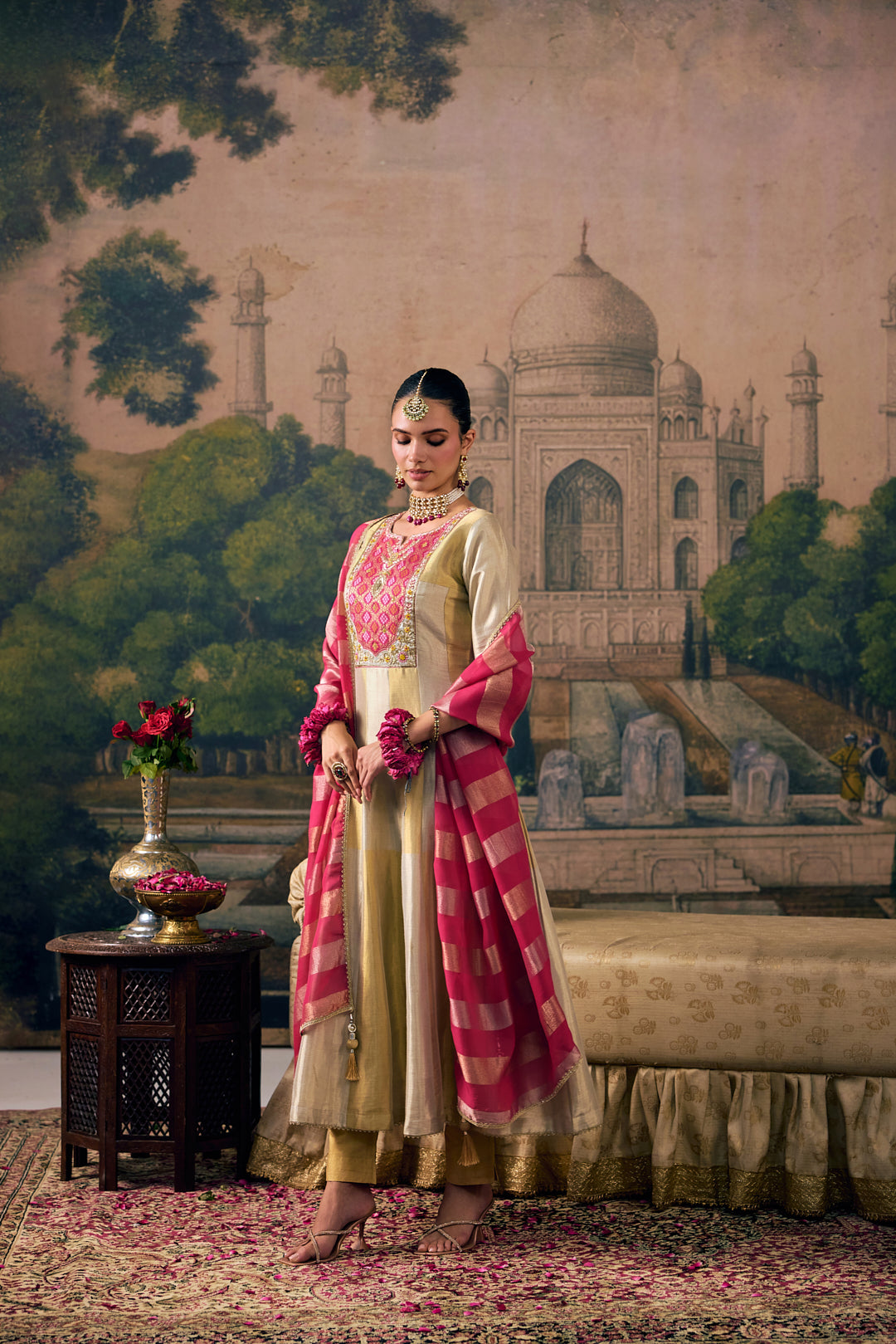 Rani Pink Tissue Solid With Patola Printed Three Piece Set