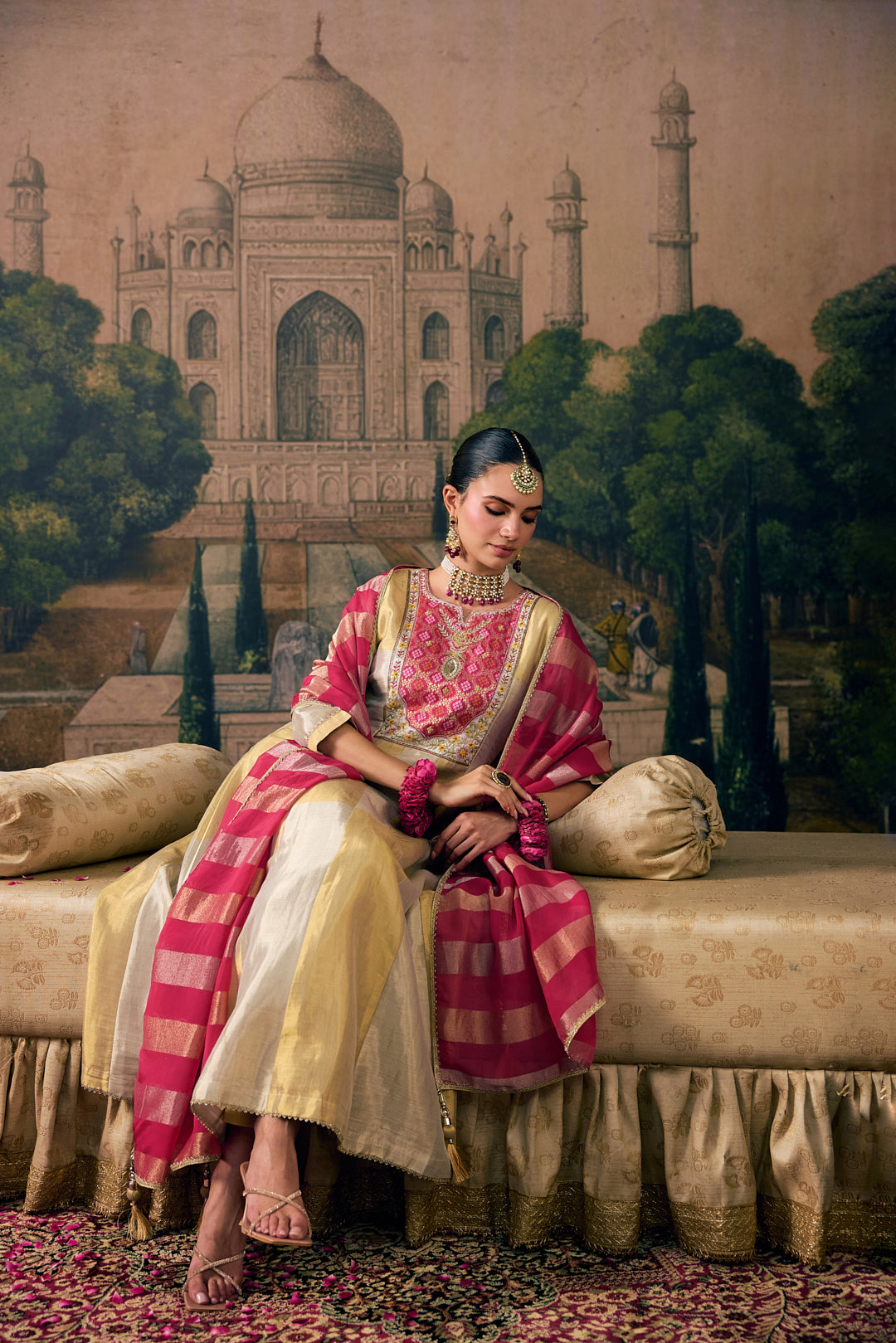 Rani Pink Tissue Solid With Patola Printed Three Piece Set