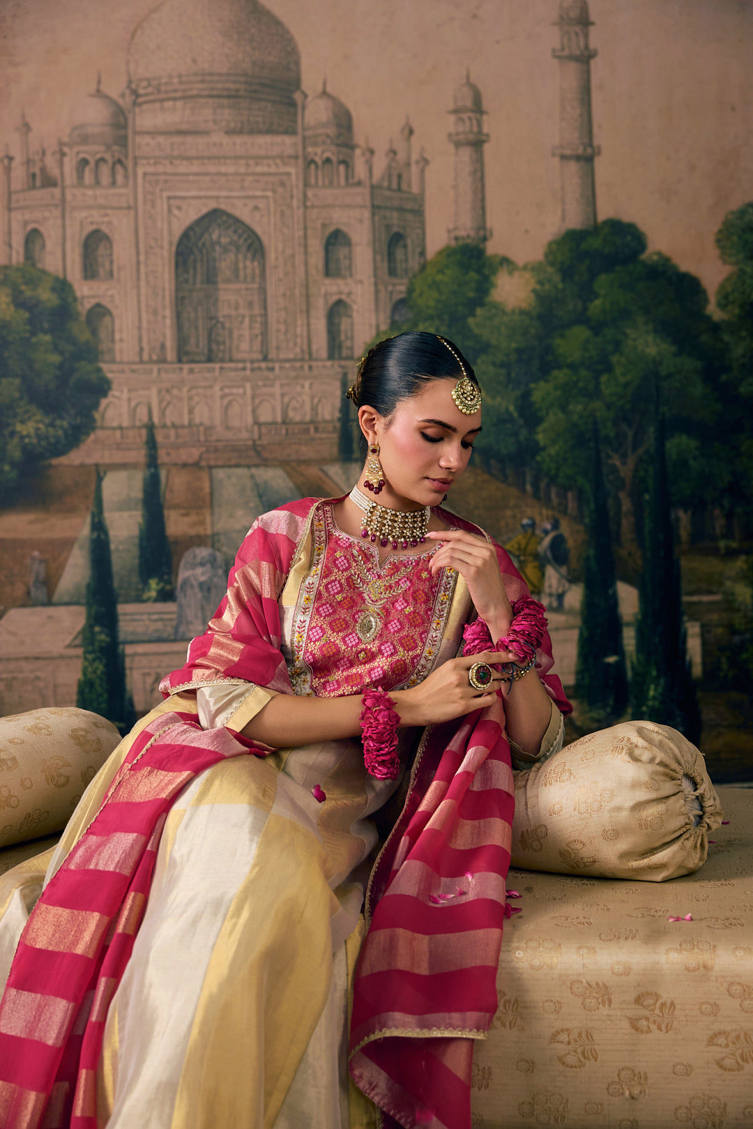 Rani Pink Tissue Solid With Patola Printed Three Piece Set
