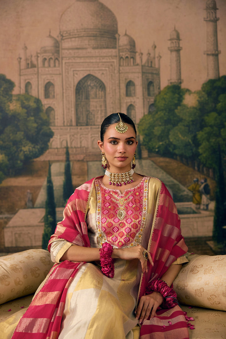 Rani Pink Tissue Solid With Patola Printed Three Piece Set