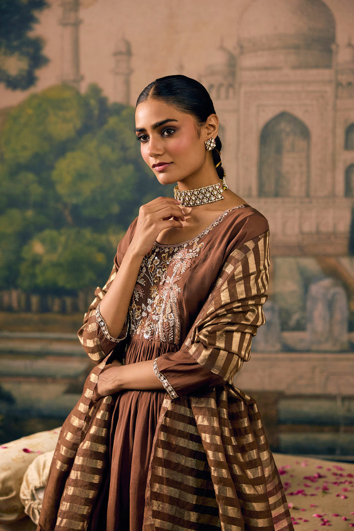 Brown Muslin Palm Tree Embroidered Three Piece Set