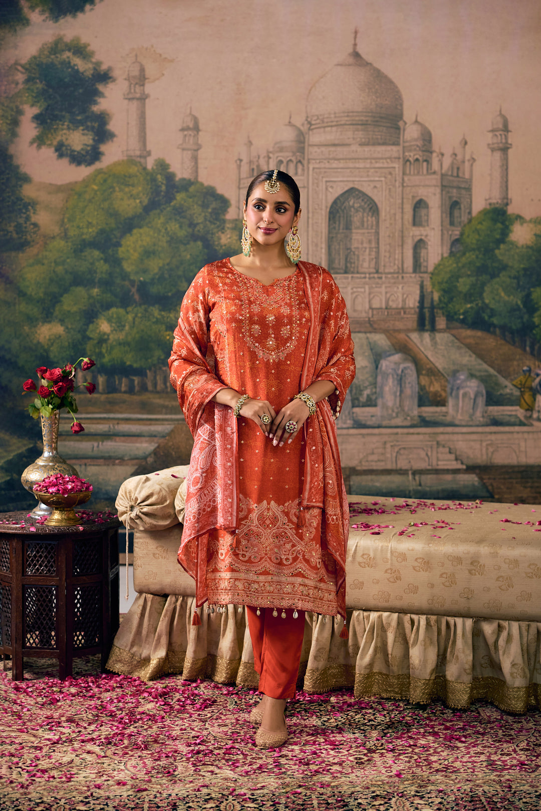 Burnt Orange Crepe Vintage Paisley Printed Three Piece Set