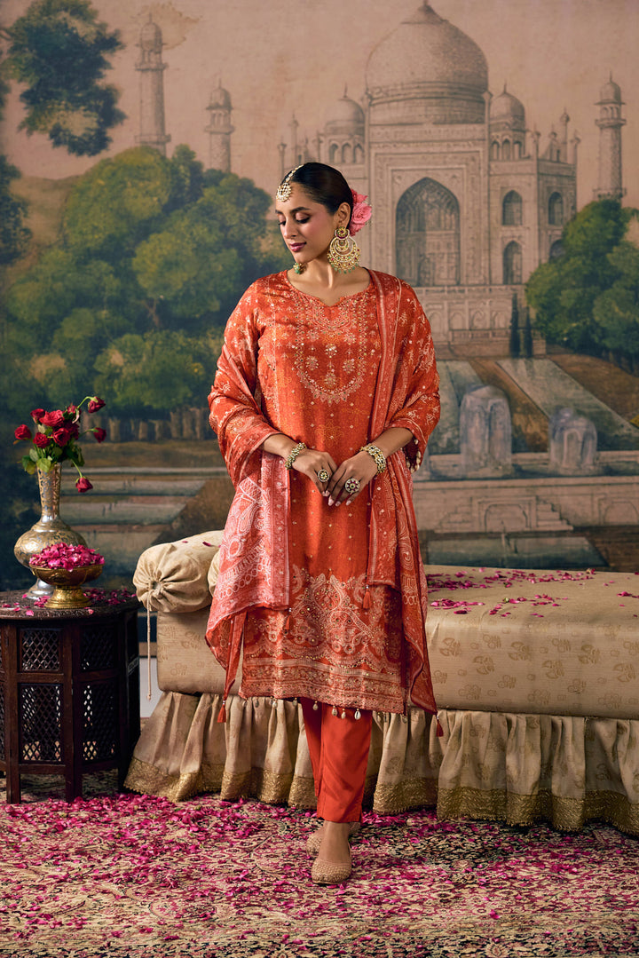 Burnt Orange Crepe Vintage Paisley Printed Three Piece Set