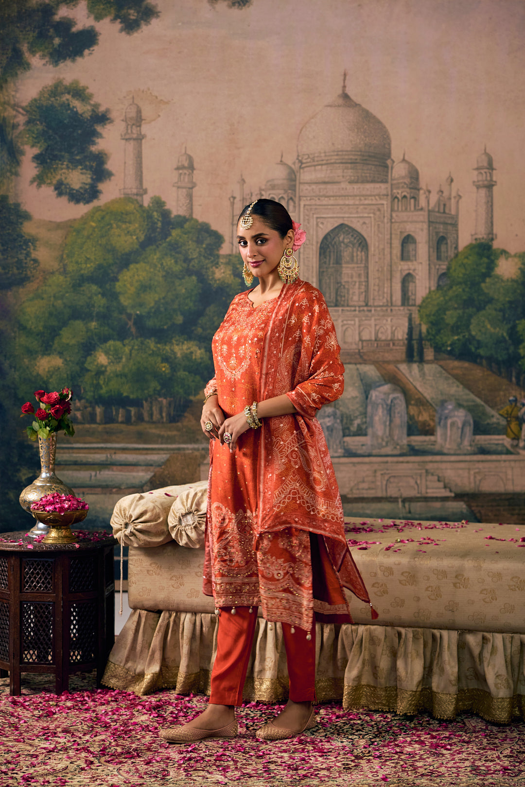 Burnt Orange Crepe Vintage Paisley Printed Three Piece Set