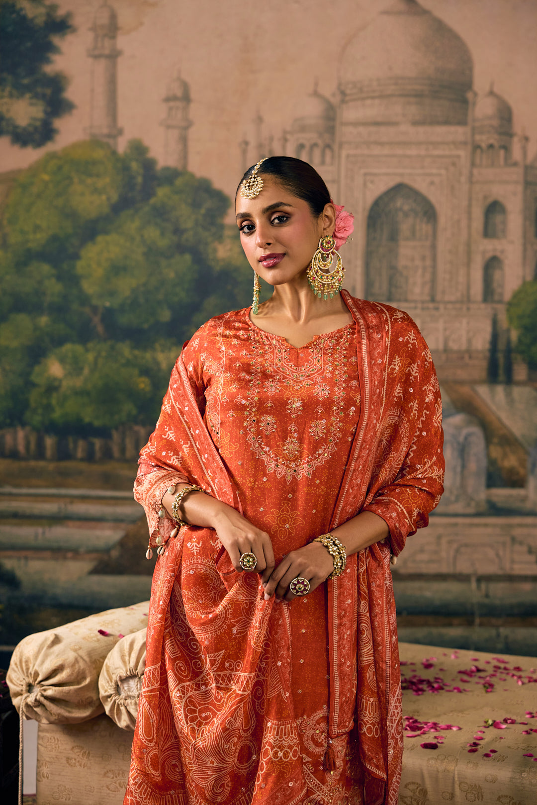 Burnt Orange Crepe Vintage Paisley Printed Three Piece Set