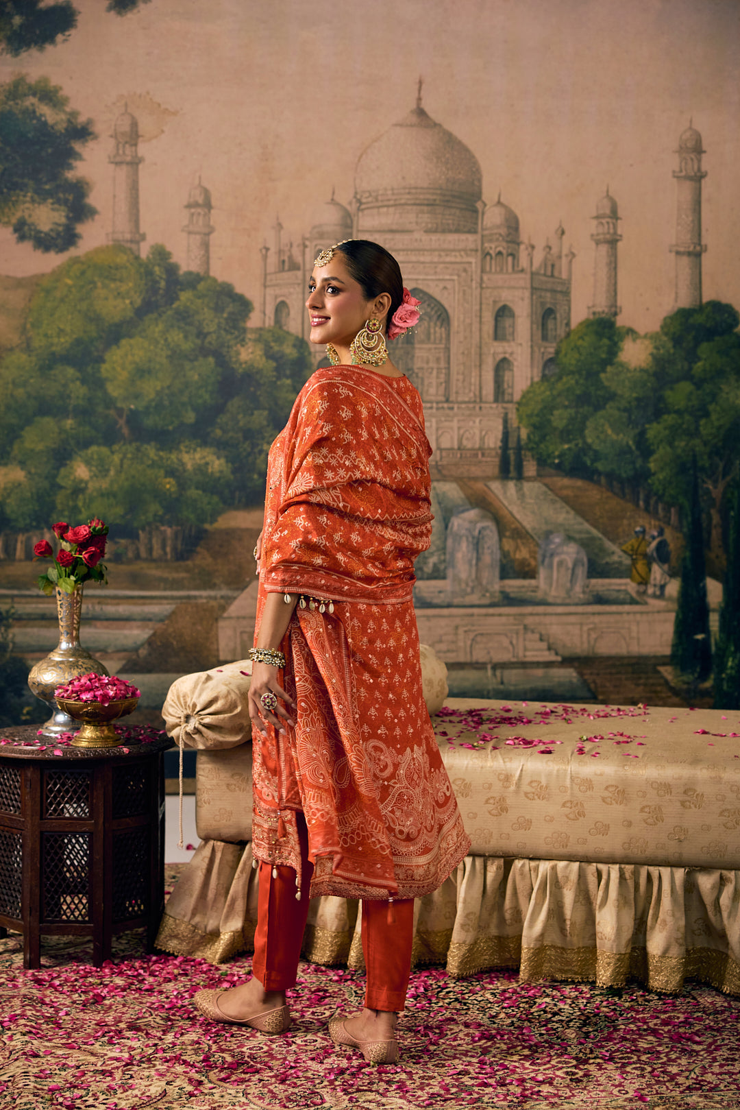 Burnt Orange Crepe Vintage Paisley Printed Three Piece Set