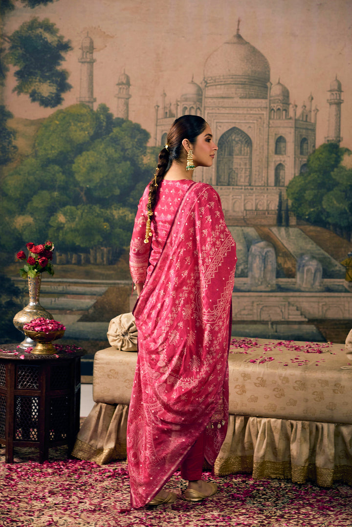 Rani Pink Crepe Vintage Paisley Printed Three Piece Set