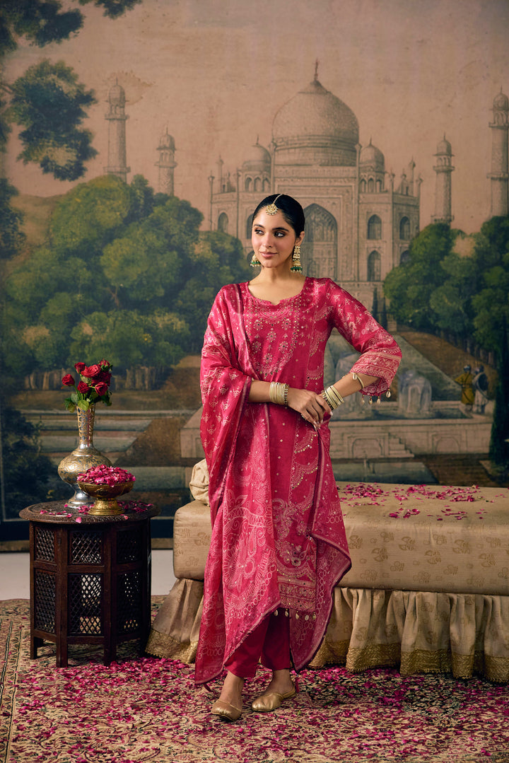 Rani Pink Crepe Vintage Paisley Printed Three Piece Set