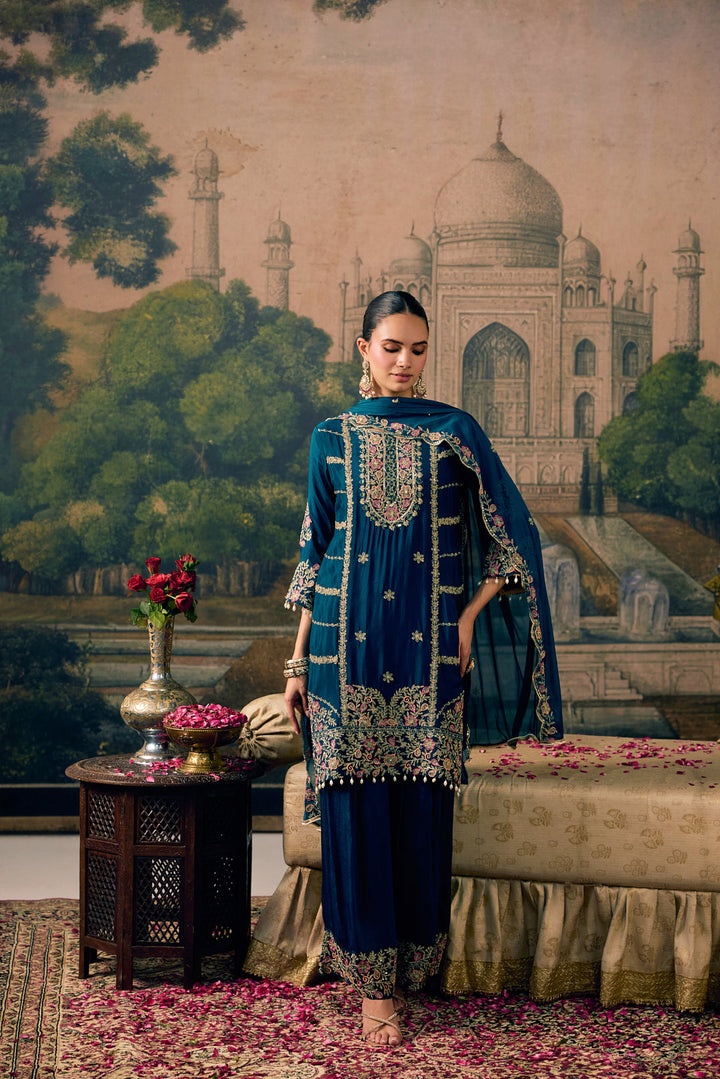 Teal Blue Chinon Zari Embroidered Three Piece Set