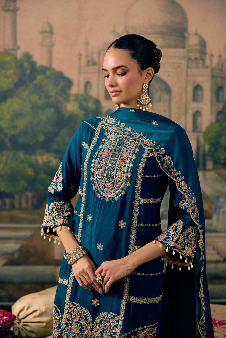 Teal Blue Chinon Zari Embroidered Three Piece Set