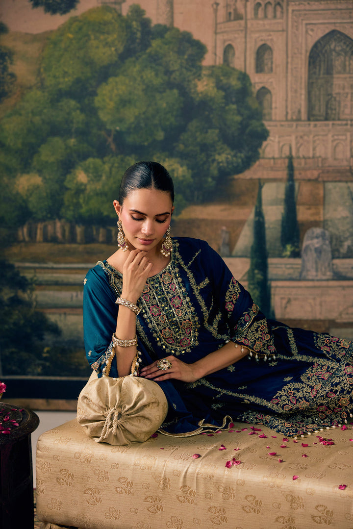 Teal Blue Chinon Zari Embroidered Three Piece Set
