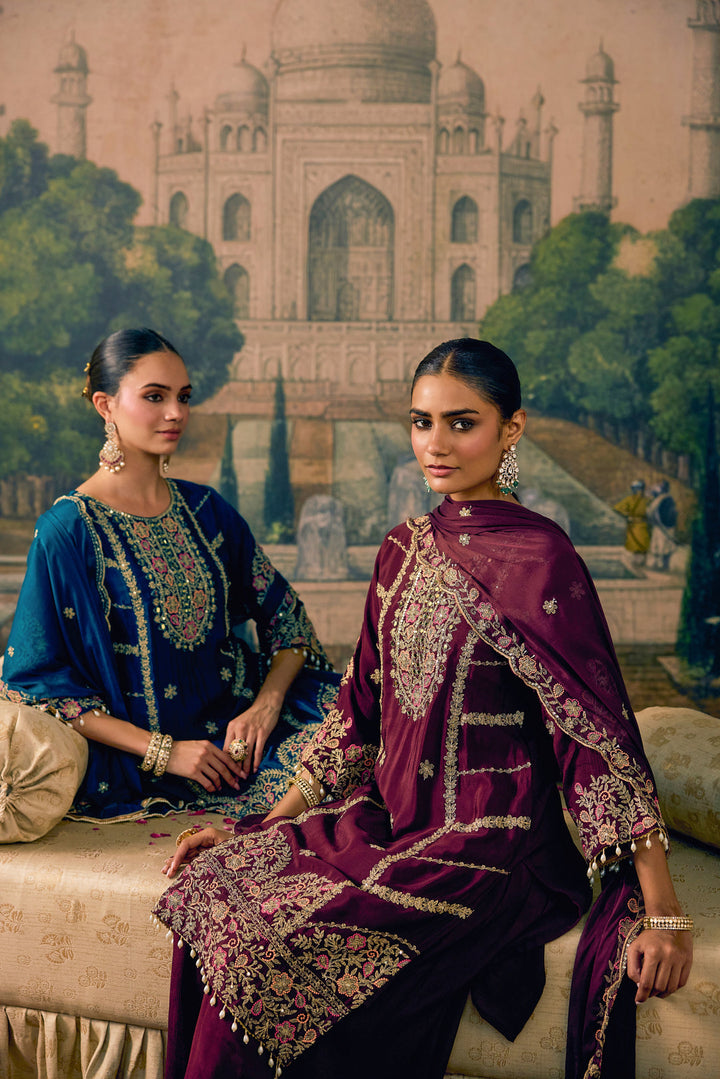 Wine Chinon Zari Embroidered Three Piece Set