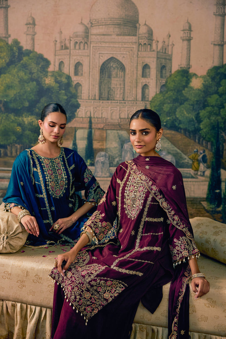 Wine Chinon Zari Embroidered Three Piece Set