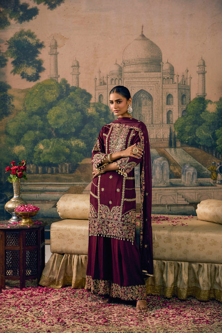 Wine Chinon Zari Embroidered Three Piece Set