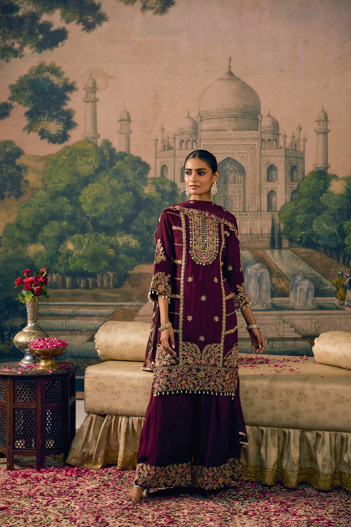 Wine Chinon Zari Embroidered Three Piece Set