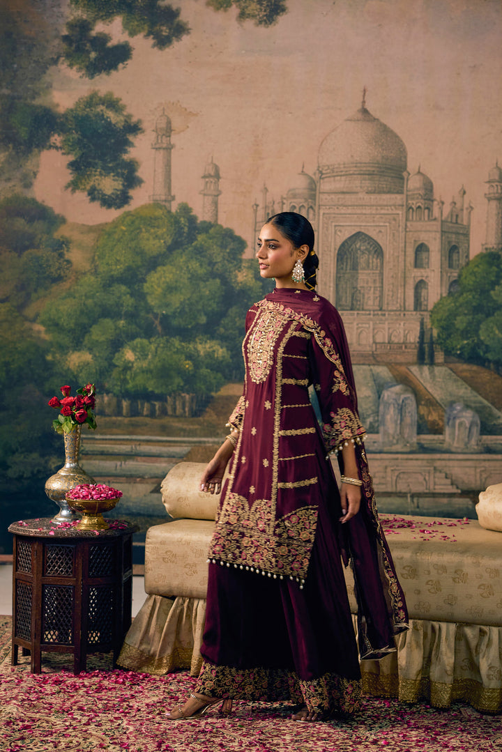 Wine Chinon Zari Embroidered Three Piece Set