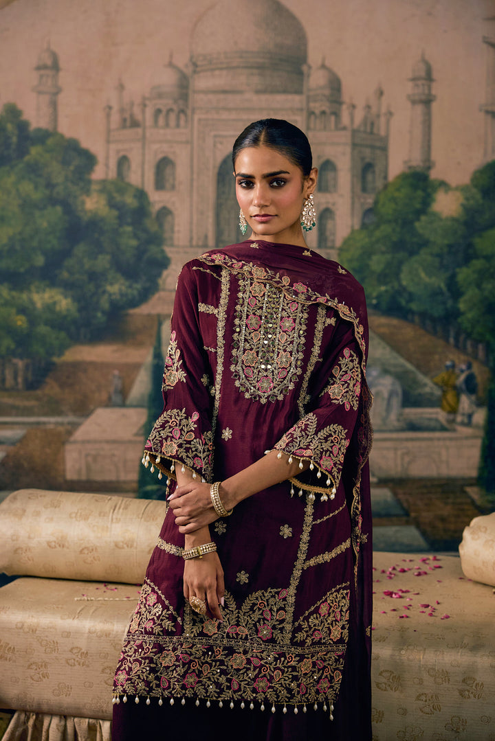 Wine Chinon Zari Embroidered Three Piece Set
