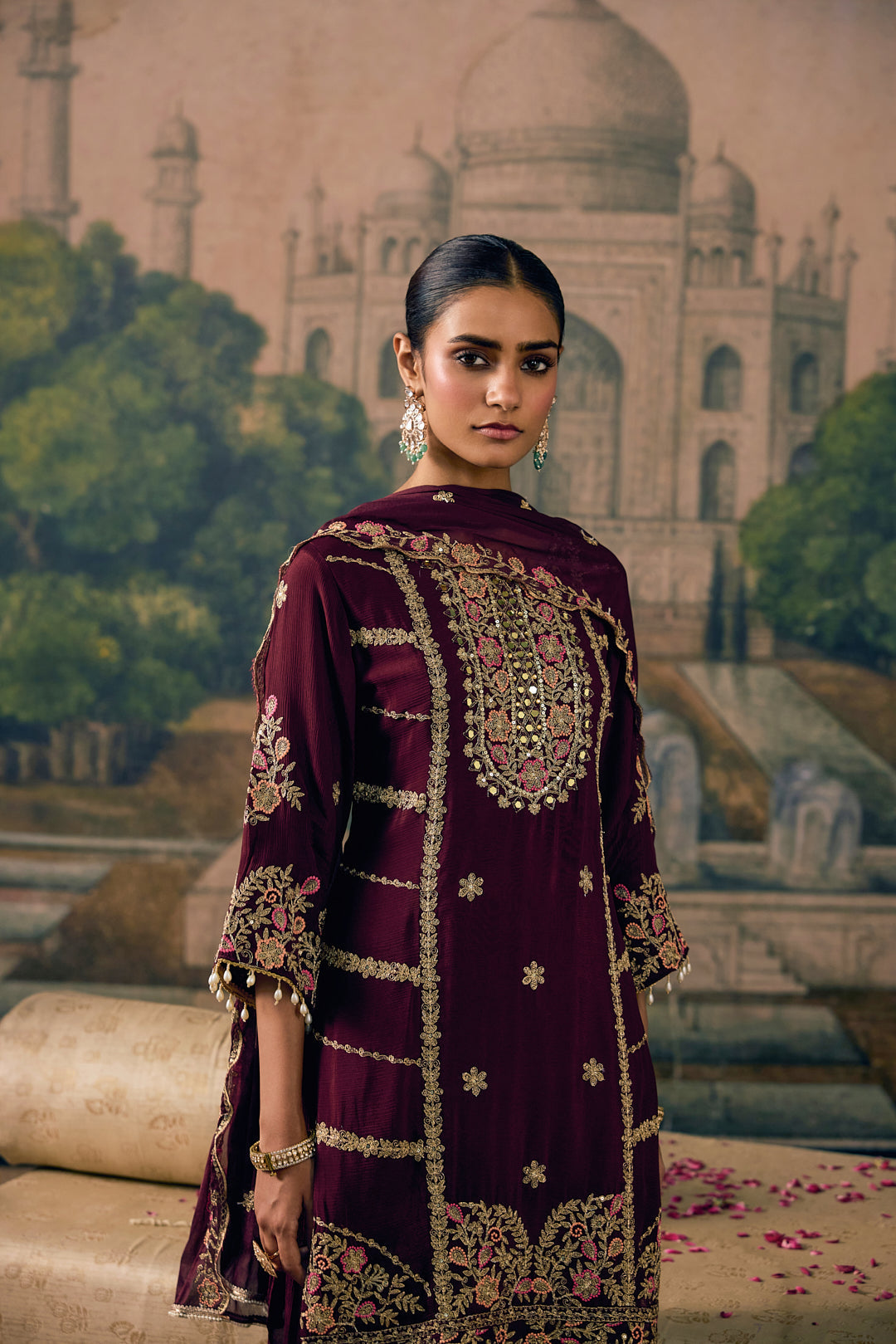Wine Chinon Zari Embroidered Three Piece Set