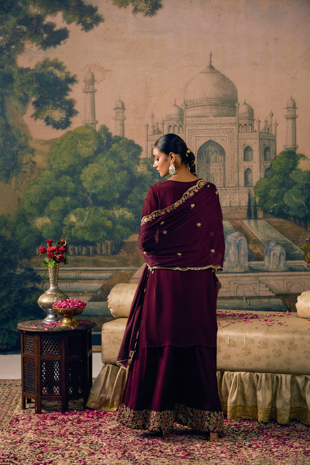 Wine Chinon Zari Embroidered Three Piece Set