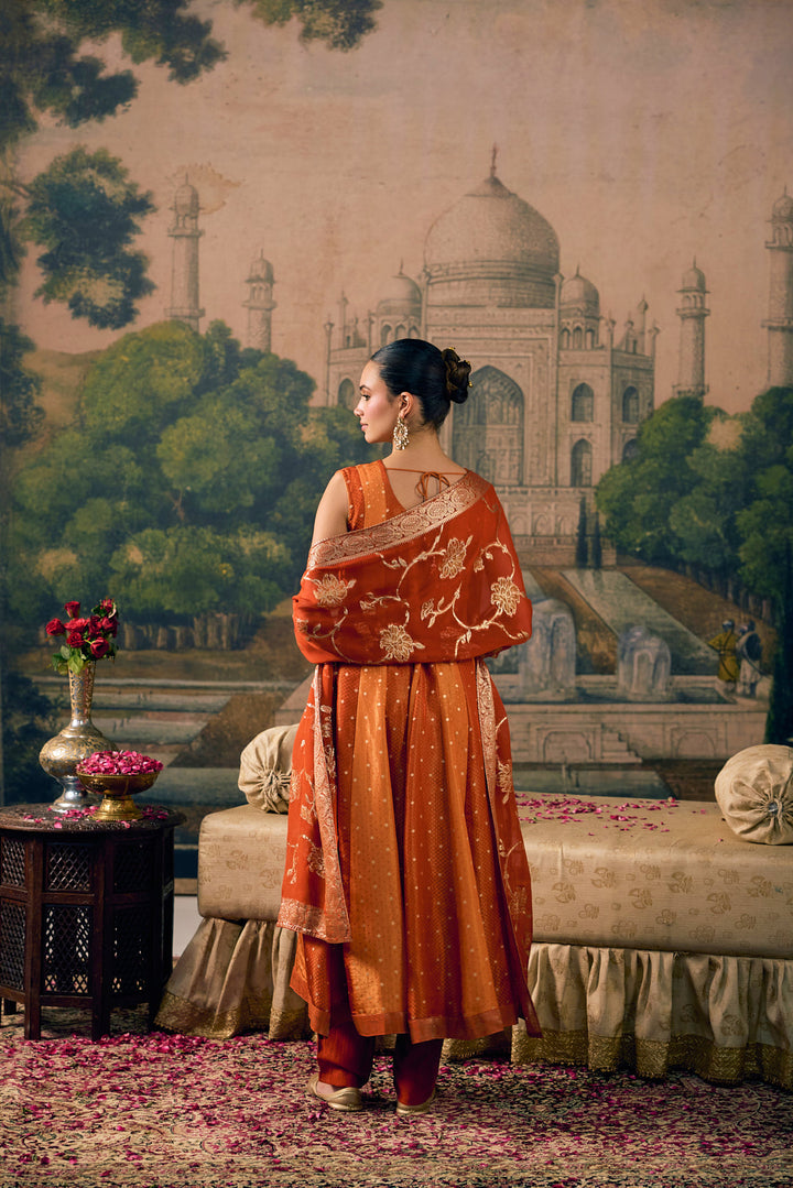 Rust Tissue Small Buti Weaved Three Piece Set
