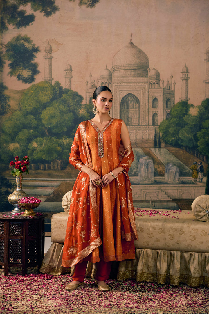 Rust Tissue Small Buti Weaved Three Piece Set