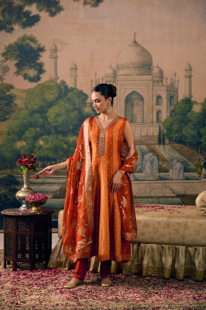 Rust Tissue Small Buti Weaved Three Piece Set